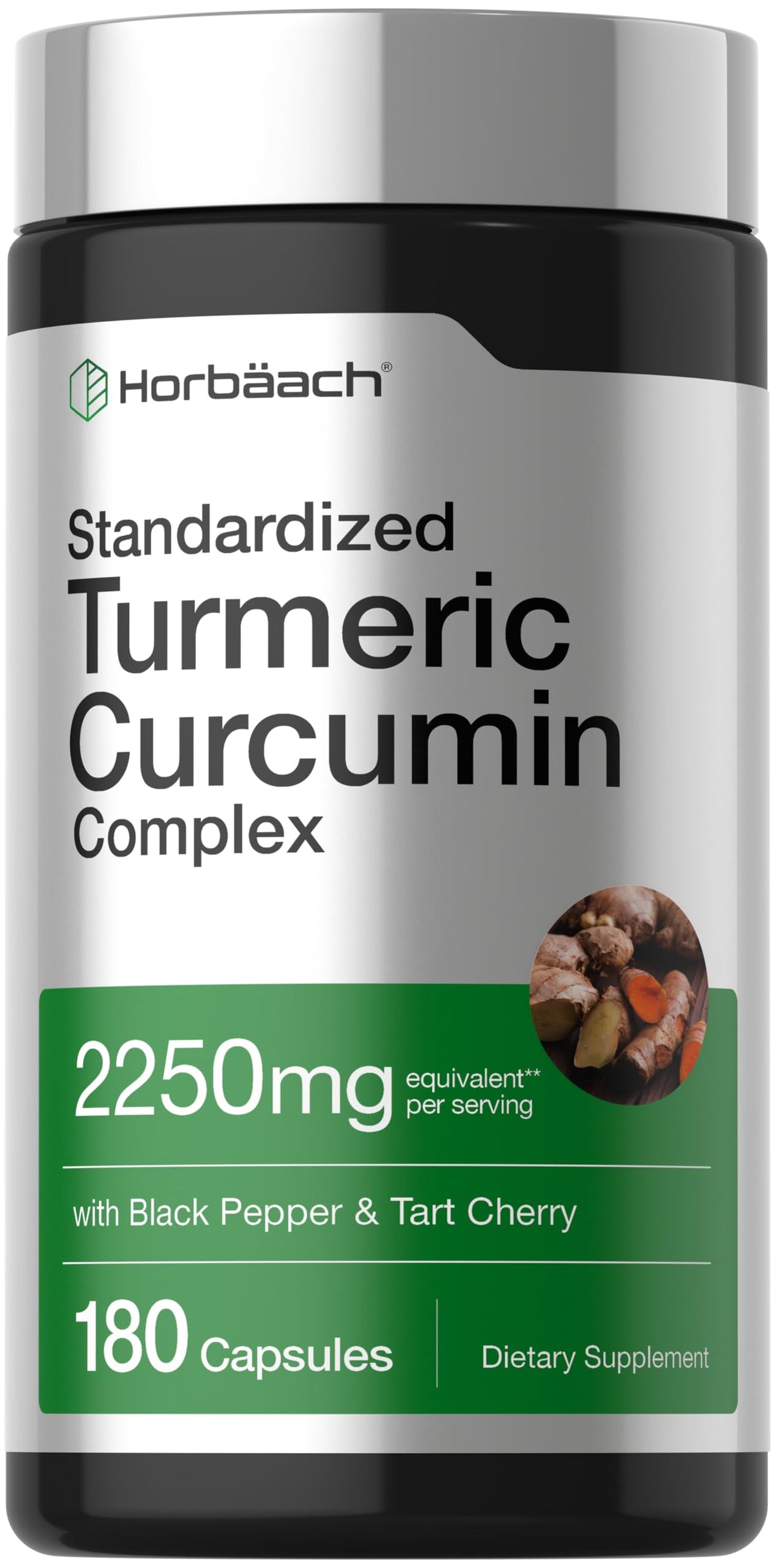 Horbäach Turmeric Curcumin Supplement - 180 Capsules - with Black Pepper & Tart Cherry - Non-GMO & Gluten Free