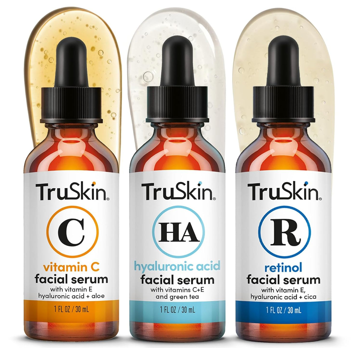 TruSkin Serum Trio with Vitamin C, Retinol & Hyaluronic Acid, 1 fl oz Each - Complete anti aging AM, PM & all-day skincare routine with coordinated serums to brighten, smooth & hydrate skin