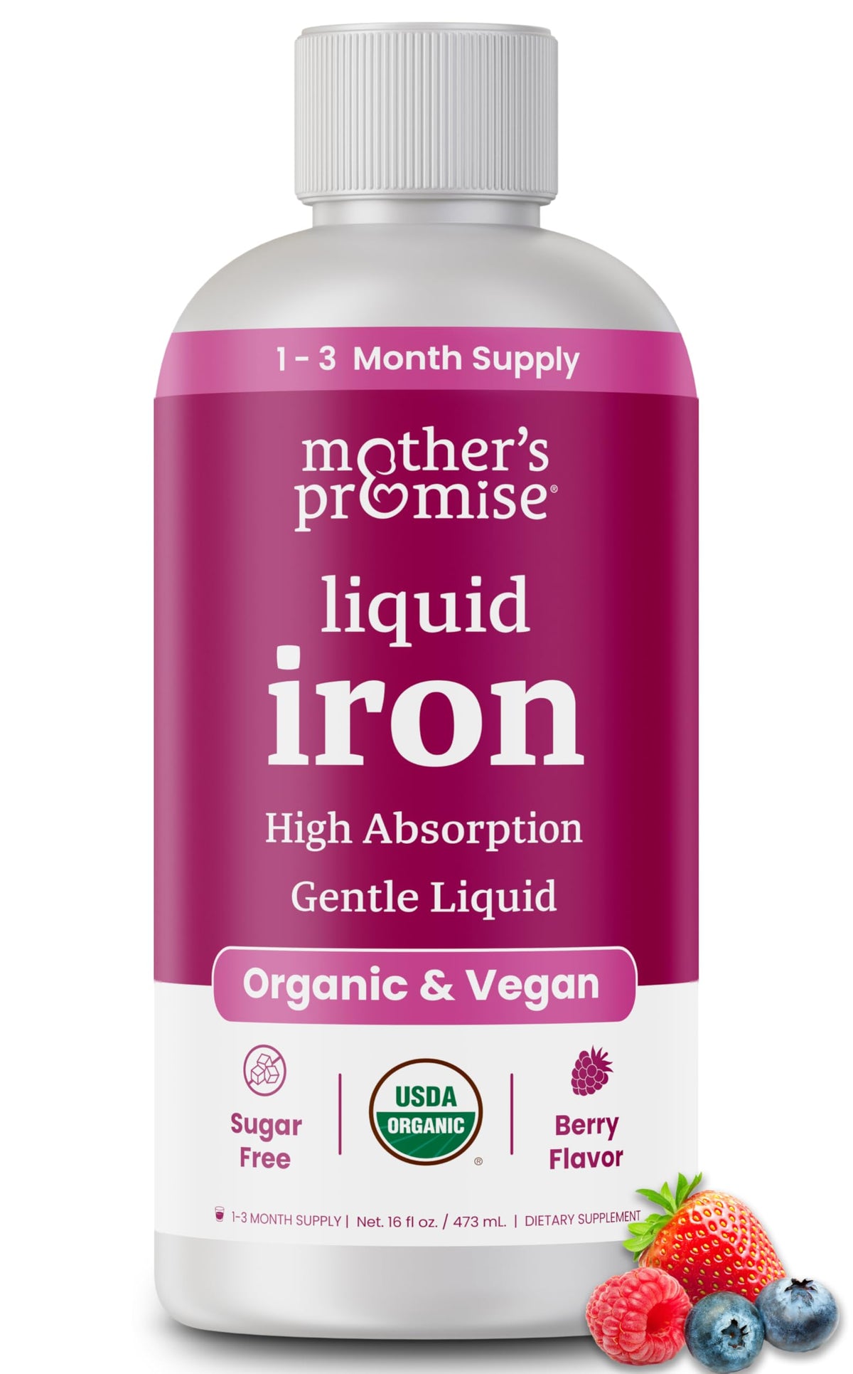 Organic Liquid Iron Supplement for Women, Men & Kids with Vitamin C - Sugar Free Natural Berry Flavor Non Constipating Vegan Ferrochel