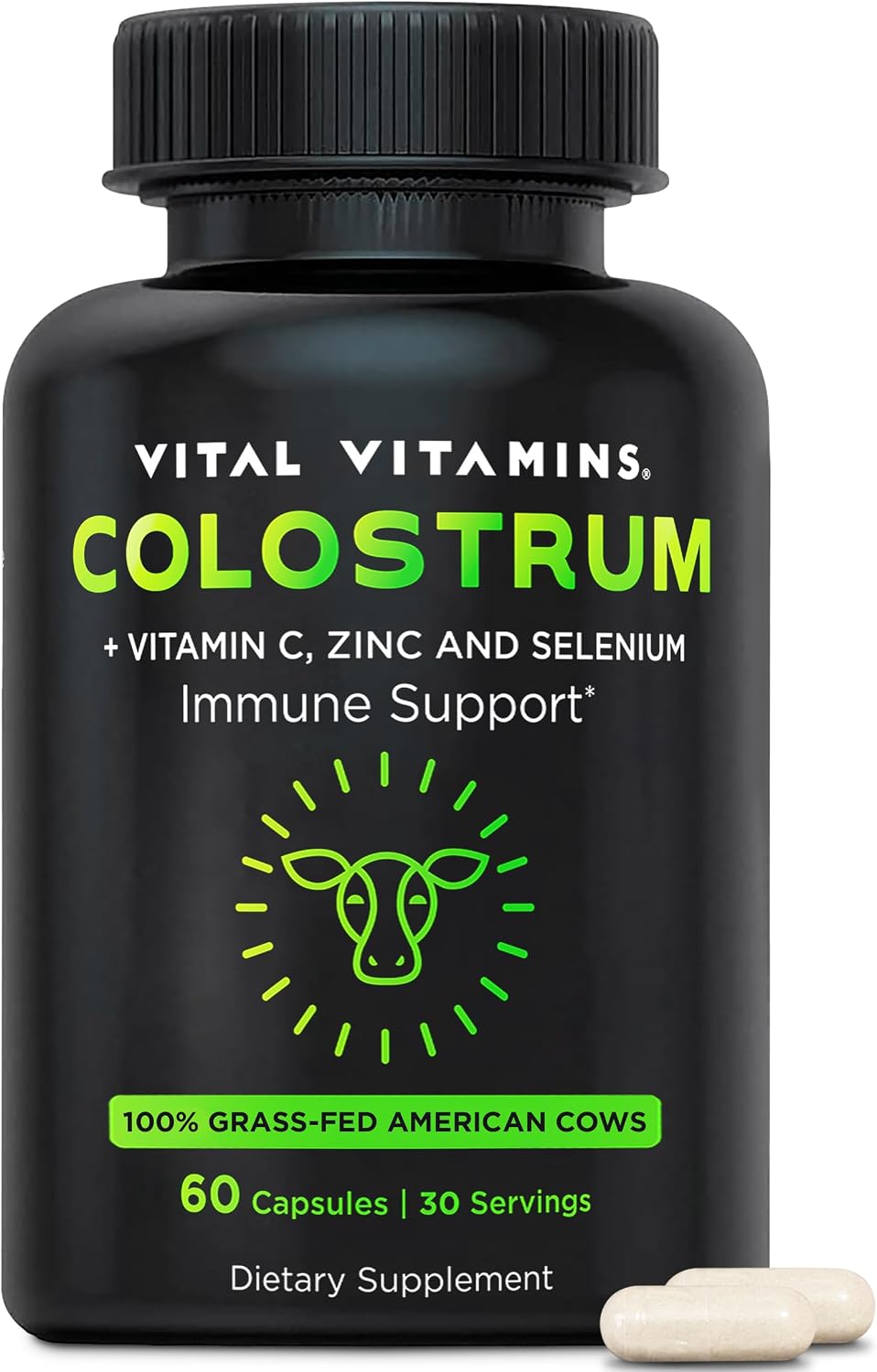 Vital Vitamins Colostrum Supplement, 30% IgG, Grass-Fed Bovine, 60 Capsules - Supports Immune Defense & Gut Health, Colostrum with Vitamin C, Zinc, & Selenium, Non-GMO