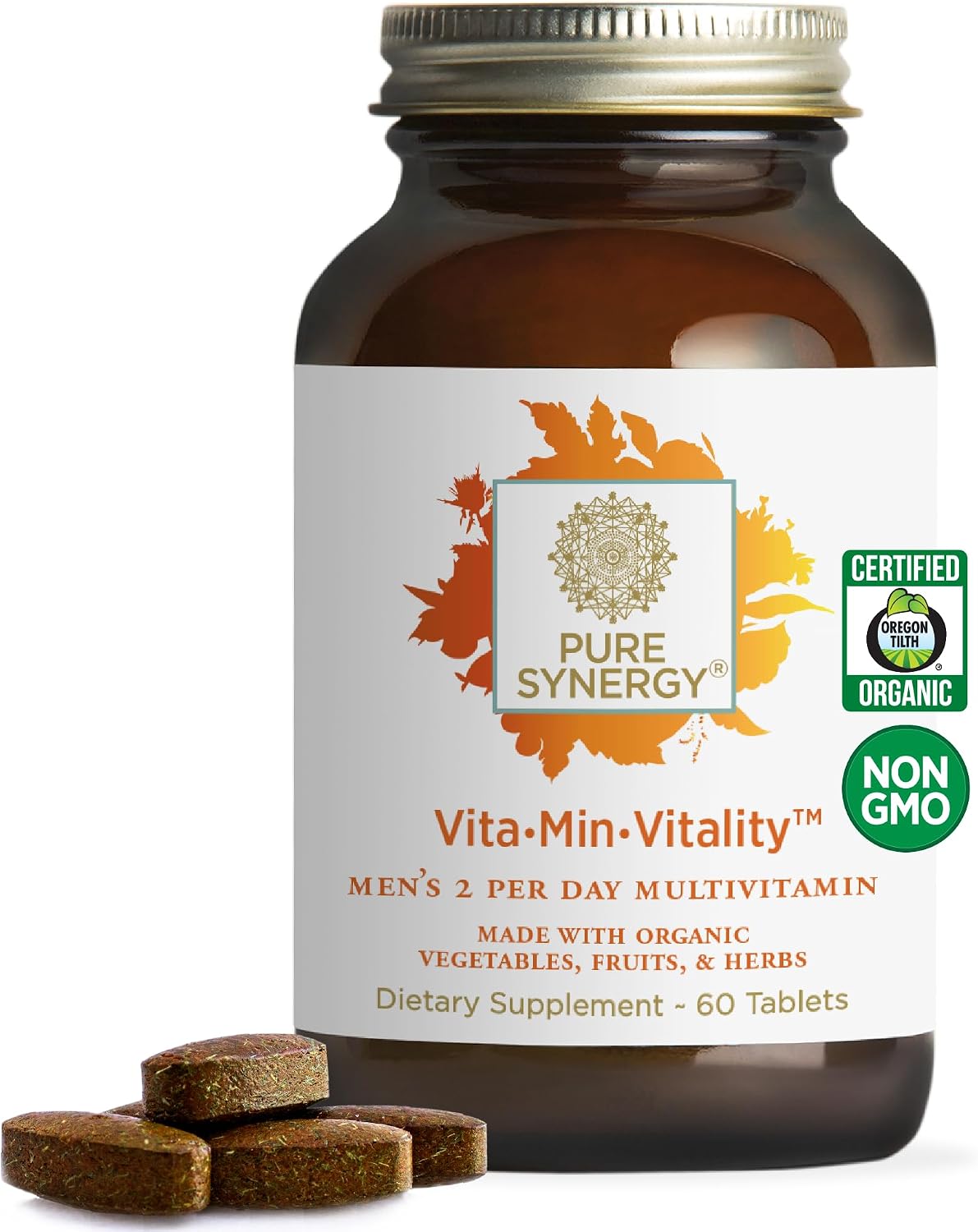 PURE SYNERGY Vita·Min·Vitality - Natural Multivitamin for Men - Men’s Daily Multivitamin Made with Organic Whole Foods - for Energy, Stress, and Immune Support (60 Tablets)