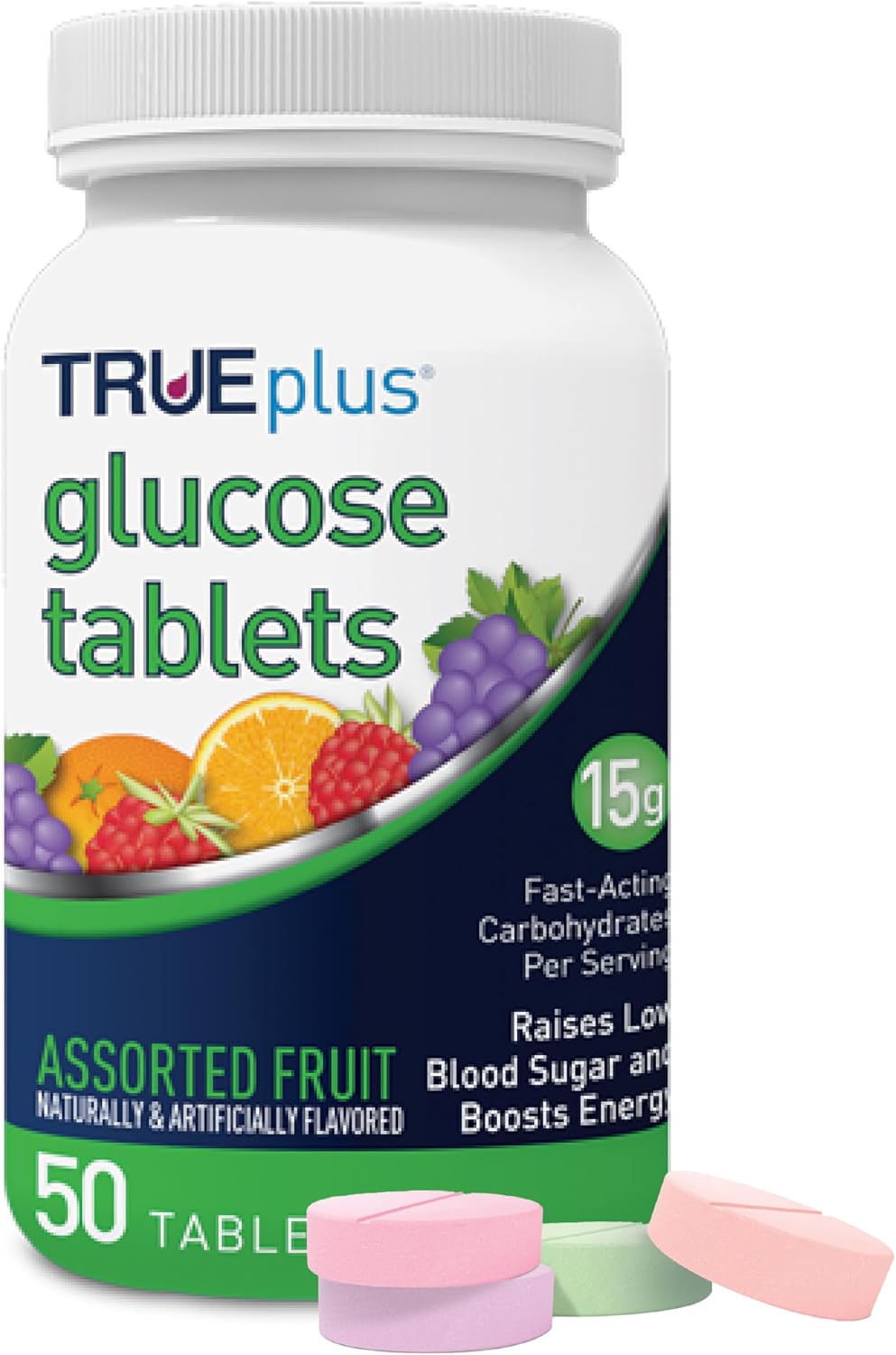 TRUEplus Glucose Tablets, Grape, Raspberry, Orange Flavors, 50 Count - Chewable Tablets, 15g Fast-Acting Carbohydrates, Fat Free, Gluten Free, Boosts Energy, Great Tasting and Easy to Use