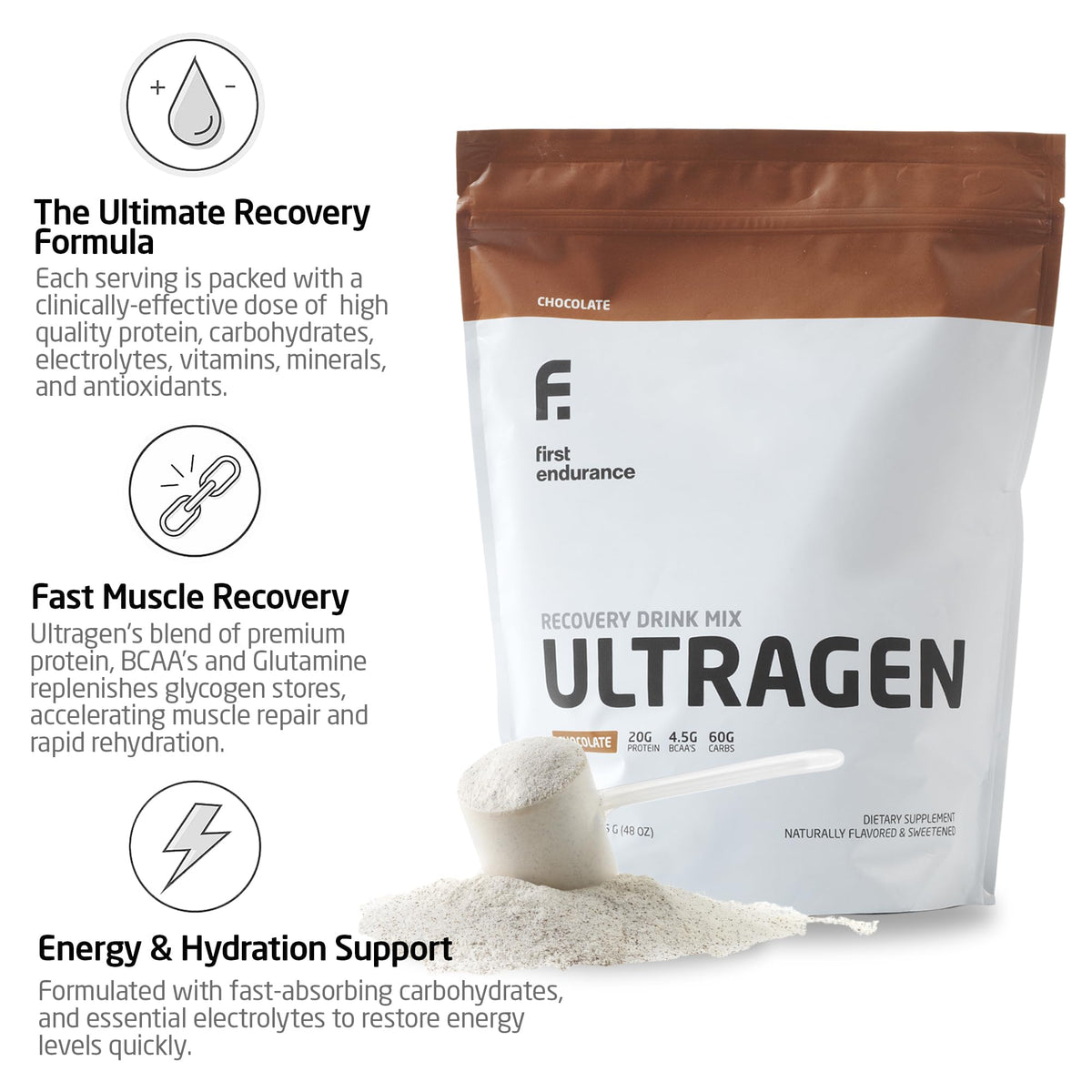 First Endurance Ultragen Recovery Drink Chocolate - Post Workout Protein & Energy Boost 15 Servings