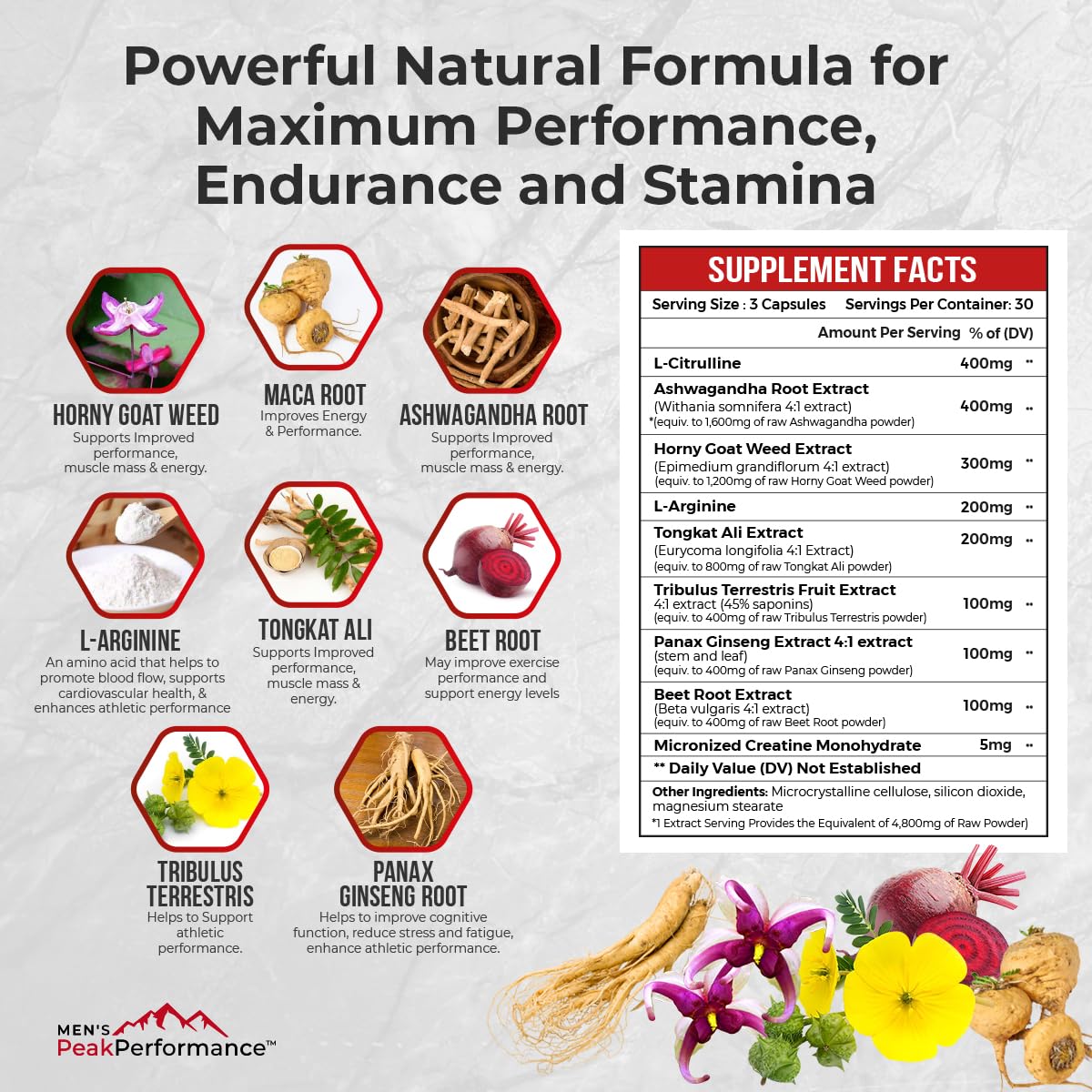 Men’s PeakPerformance Testosterone Booster for Men - Ashwagandha, Tribulus, L-Arginine & Tongkat Ali - Energy, Strength & Muscle Support (90 Capsules)