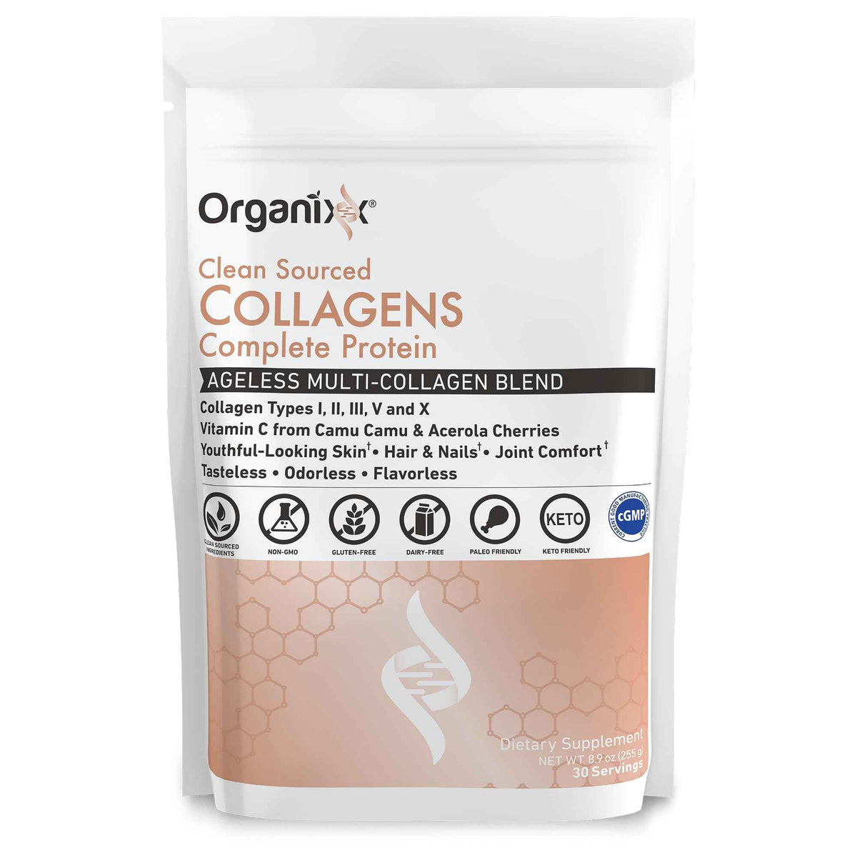 Organixx Clean Sourced Collagen Peptides Powder with Vitamin C, Types I, II, III, V, X Hydrolyzed Collagen, Hair, Nail, Skin, Bone & Joint Health