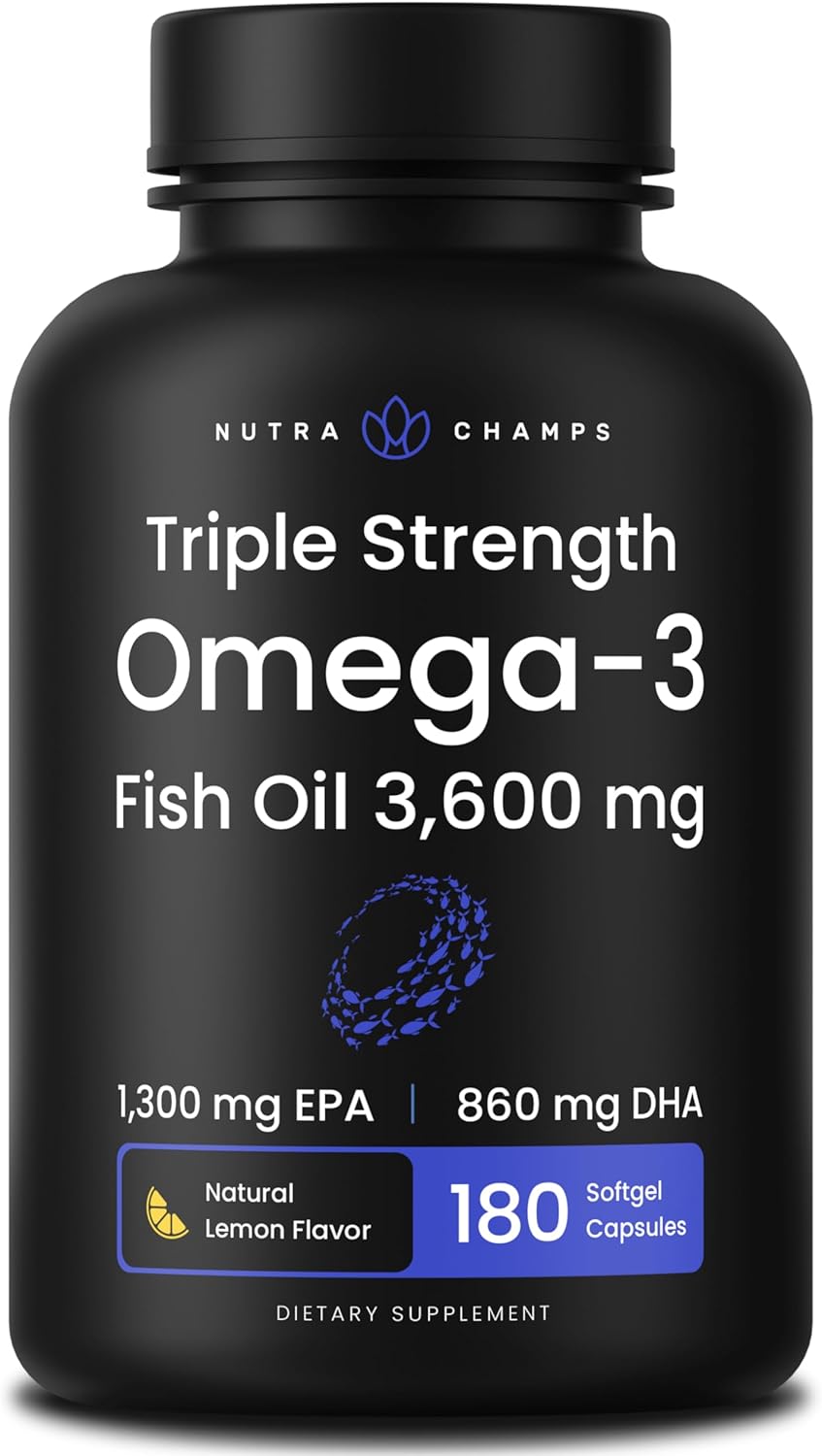 Triple Strength Omega 3 Fish Oil 3600 mg - EPA & DHA - 180 Softgels - Burpless Fish Oil Supplement, Wild Caught - Over 2100mg Omega-3 Fatty Acids Supplements - Natural Lemon Flavor Omegas 3 Pills