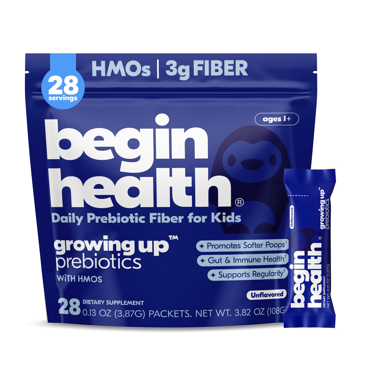 Begin Health Growing Up Prebiotics for Kids 28-Packs - Prebiotic Soluble Powder Stool Softeners and Digestive Gut Health Supplement - Ideal to Mix with Kids Daily