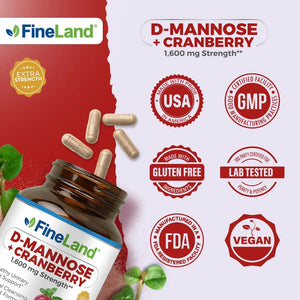 FineLand D-Mannose + Cranberry – 1600mg per Serving – 120 Vegan Capsules – Urinary Tract & Bladder Health Support – Non-GMO, Gluten-Free, Made in USA FineLandBuy Supplements Australia