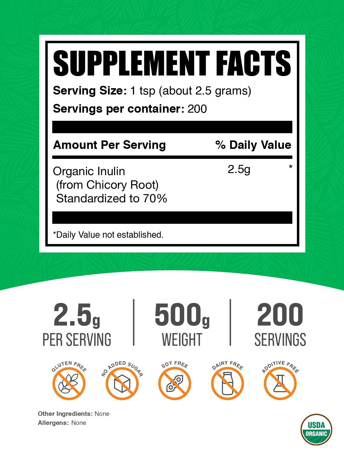 BulkSupplements.com Organic Inulin Powder - Inulin Supplement, Soluble Fiber Powder - Vegan & Gluten Free - 2.5g per Serving, 500g (1.1 lbs) (Pack of 1)