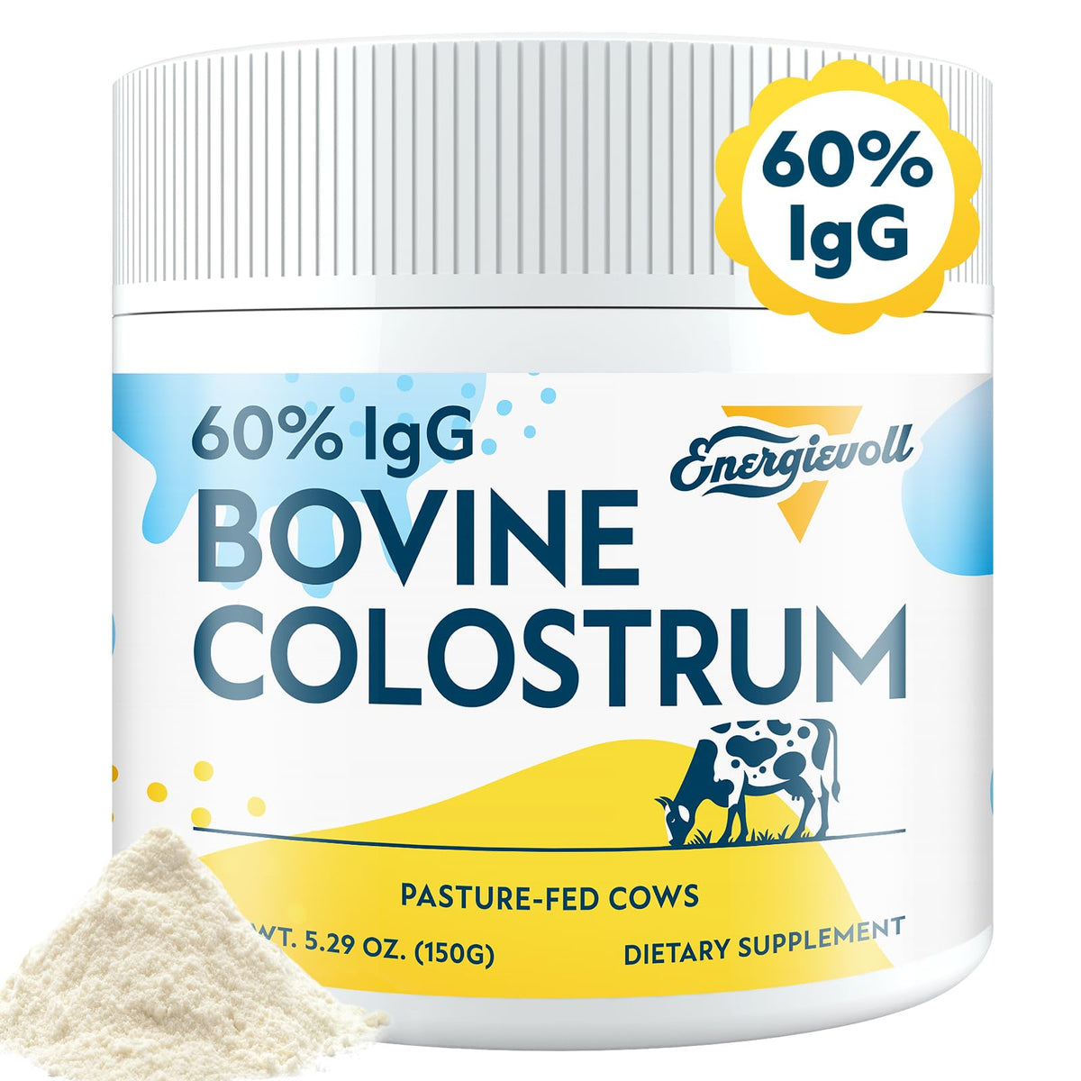 Energievoll Bovine Colostrum Supplement Powder - 60% IgG 3000 mg for Gut, Hair Growth, Beauty, and Immune, Easy to Mix, Unflavored (50 Servings)
