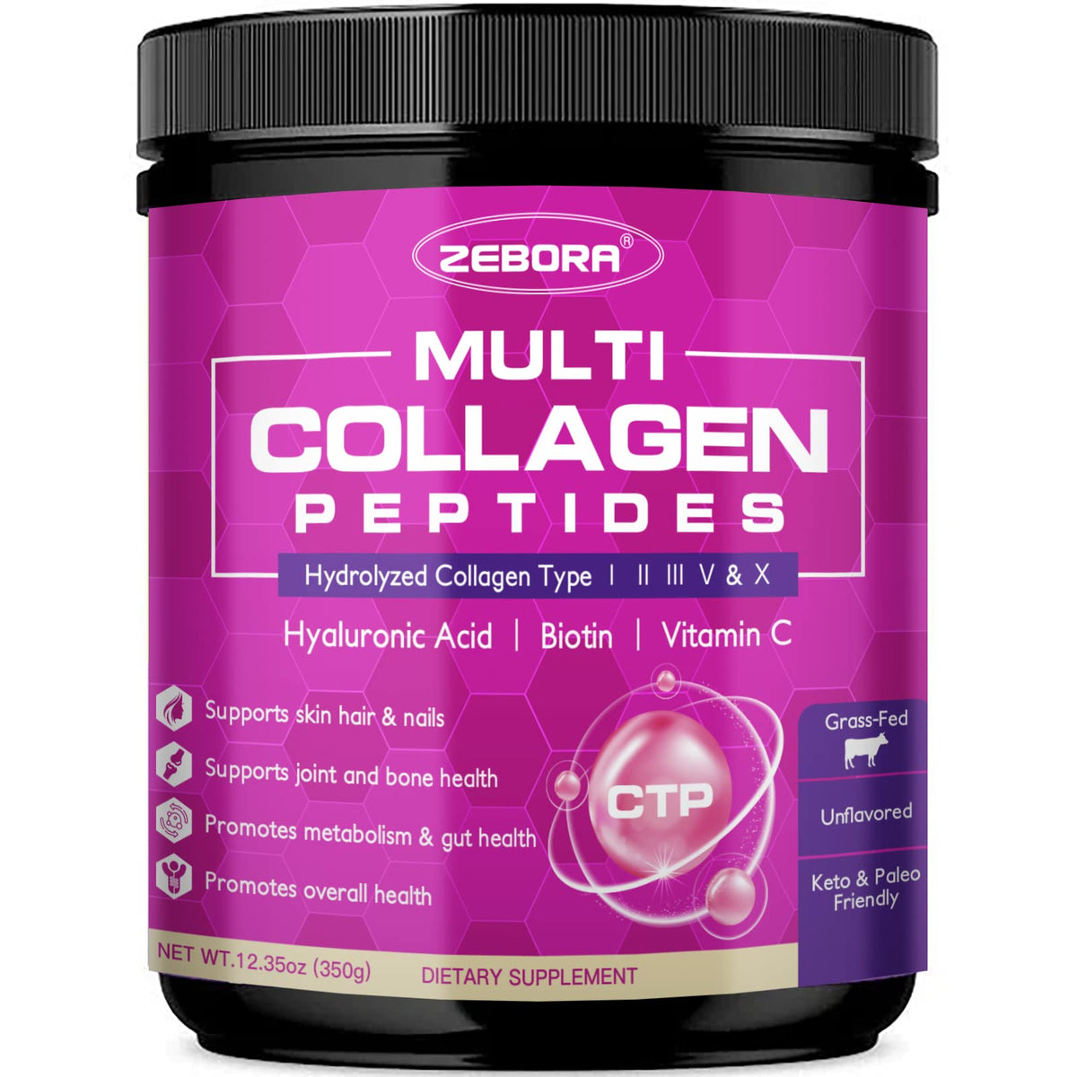 ZEBORA Multi Collagen Peptides Powder - Hydrolyzed Collagen Type I II III V X with Hyaluronic Acid, Biotin, Vitamin C - Support Skin Hair Nail Joints, Non-GMO, Unflavored, Keto Friendly ZEBORA buy supplements Au
