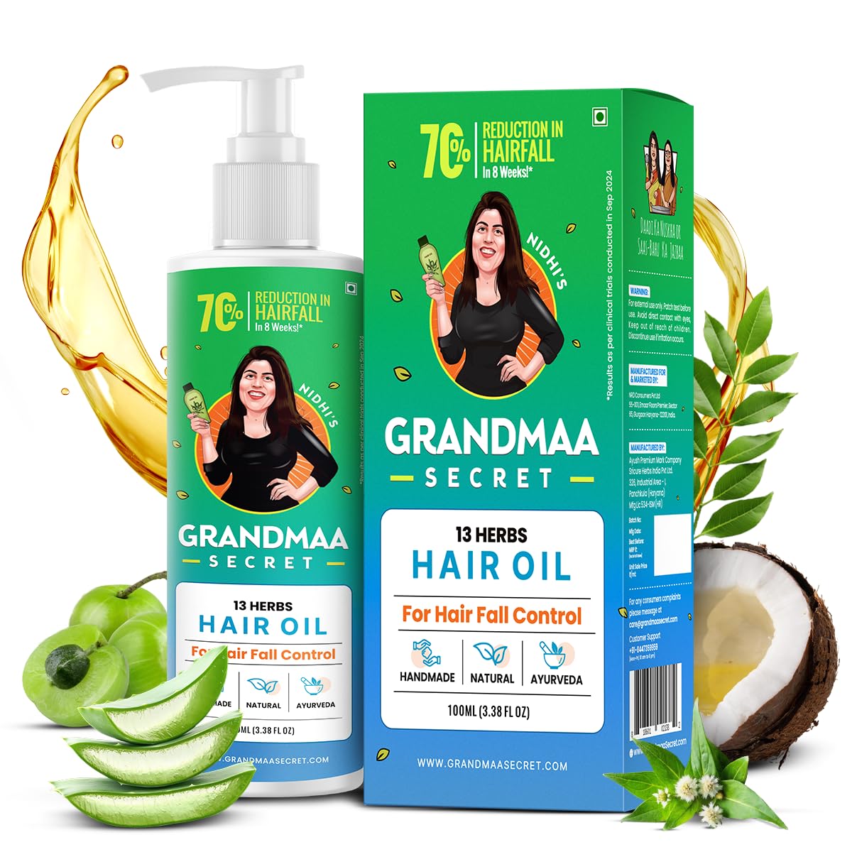 NIDHI’S GRANDMAA SECRET 13 Herbs Hair Oil for Hair Growth & Hair Fall Control Handmade Oil with Aloe Vera, Curry Leaf & Amla For Dry, Damaged, Frizzy Hair Men & Women - 100 ml (Pack of 1) Multicolor