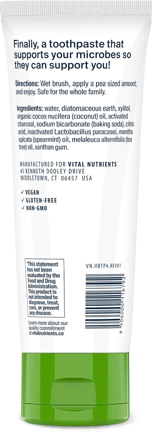 Vital Nutrients Hyperbiotics Activated Charcoal Probiotic Toothpaste - Supports Healthy Mouth Flora, Fresher Breath, Whiter Teeth - Spearmint Flavor - Non-GMO - Gluten, Dairy, Soy Free - 4 oz