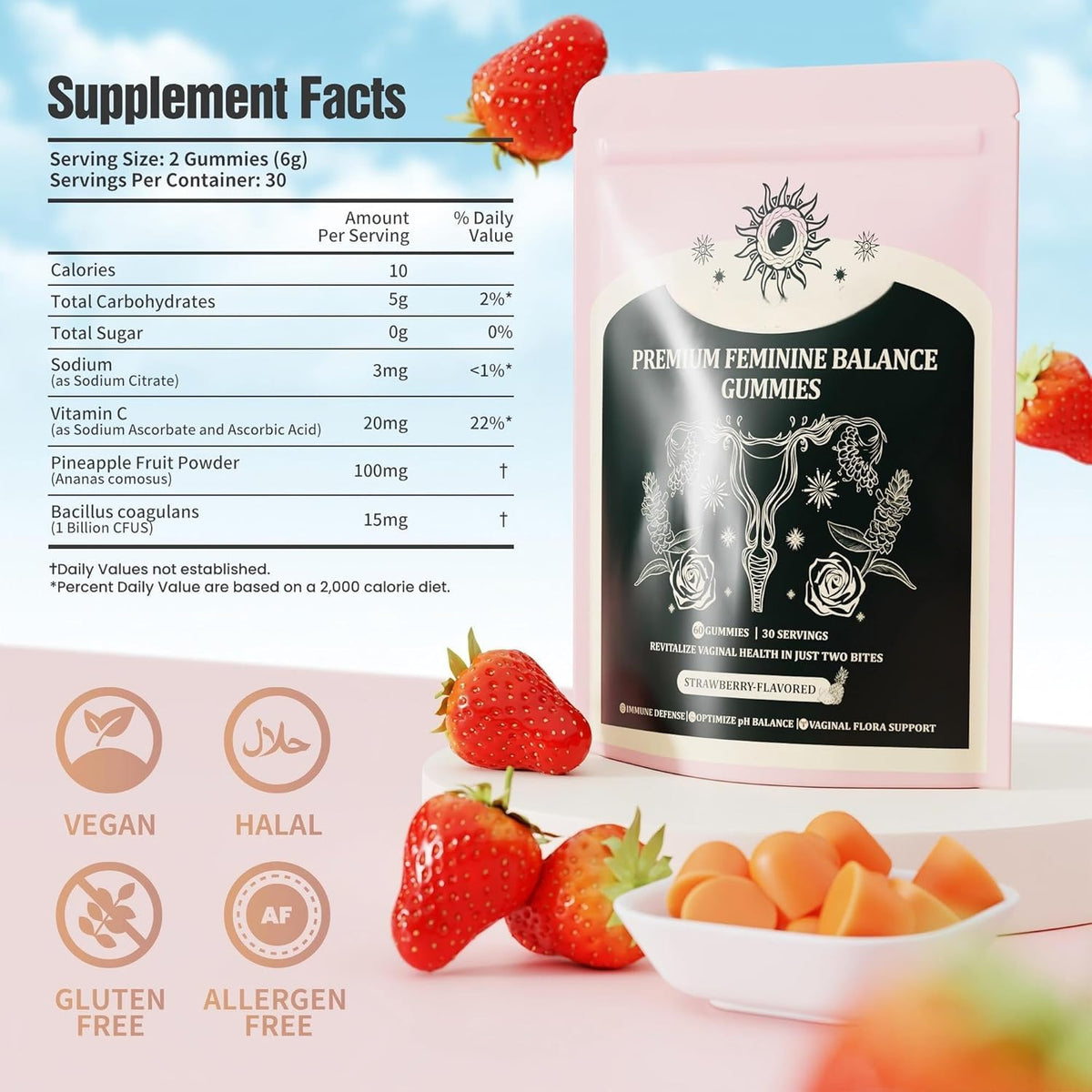 NIUSISE Feminine Balance Gummies, Premium Balance Supplement for Women PH Health, Immune Support, Energy Support, Vegan, Gluten-Free, Strawberry Flavor