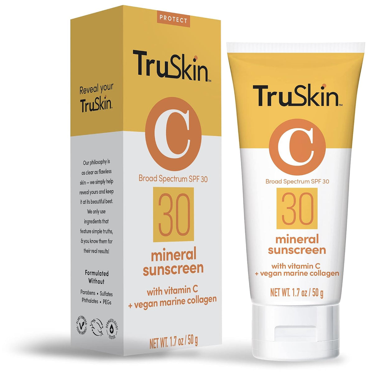 TruSkin SPF 30 Mineral Face Sunscreen with Zinc Oxide, 1.7 fl oz - With Squalane, Vitamin C and Marine Collagen for broad spectrum protection and comfortable daily wear on sensitive skin