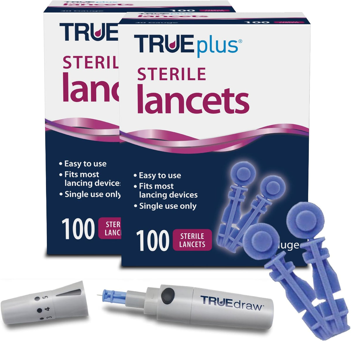 TRUEplus Lancets Bundle (30G), 200 Lancets, Lancing Device, Log Book - Blood Glucose Testing Supplies for Home Use, Includes 200 Sterile 30G Lancets (2 x 100ct), Lancing Device, Log Book