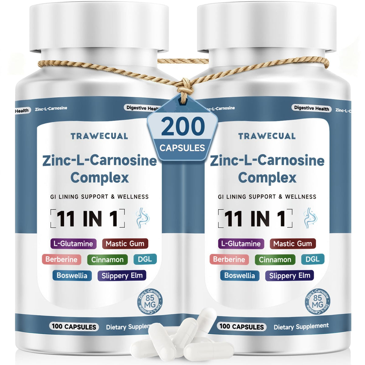 Zinc L Carnosine Complex 85mg, 11-in-1 Digestive & Gut Health Support - Soothing Herbal Extract Blend, L-Glutamine & Mastic Gum, 100 Capsules, Non-GMO, Vegan Supplement