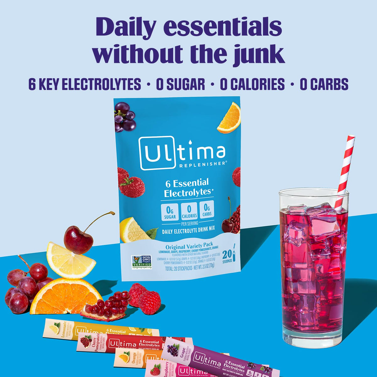 Ultima Replenisher Daily Electrolyte Powder - Original Variety Pack, 20 Stickpacks - Zero Sugar Hydration Packets with 6 Electrolytes and Minerals - Sugar Free