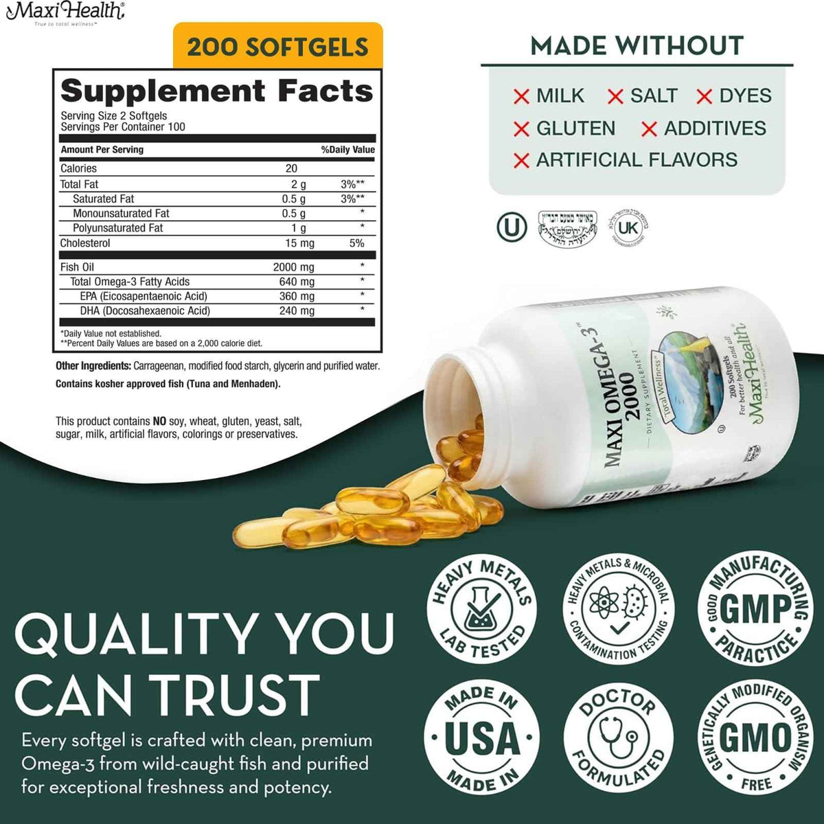 Omega 3 Supplement - Omega-3 Fish Oil 2000mg - Natural Source of EPA & DHA - Heart, & Joint Health - Kosher Certified Wild Caught Marine Fish
