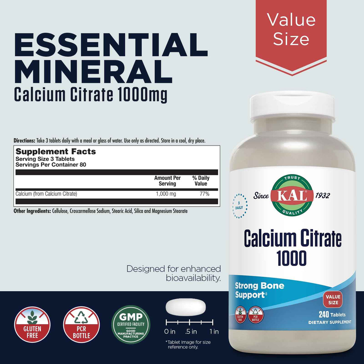 KAL Calcium Citrate 1000mg, Calcium Supplements for Women and Men, Bone Health, Teeth, Nervous, Muscular & Cardiovascular System Support, Gluten Free and Lab Verified, 60 Servings, 180 Tablets
