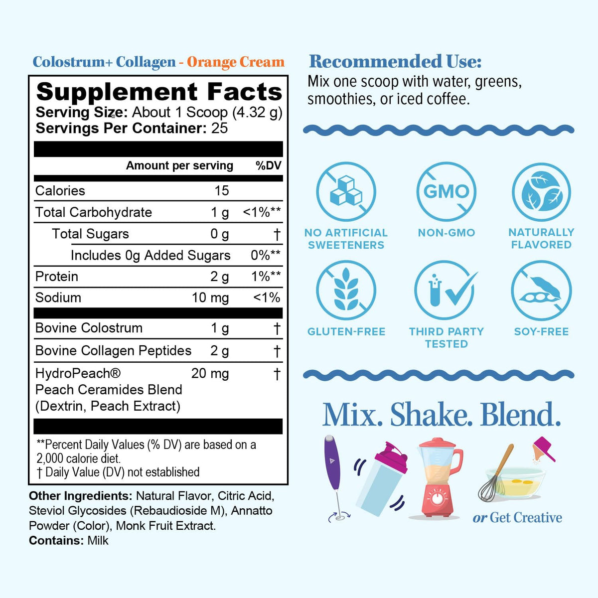 Colostrum Collagen Powder Hydrolyzed Peptide HydroPeach Gut Health Skin & Immune Support - 1g Bovine Colostrum, 2g Collagen Peptides, 20mg Peach Ceramides