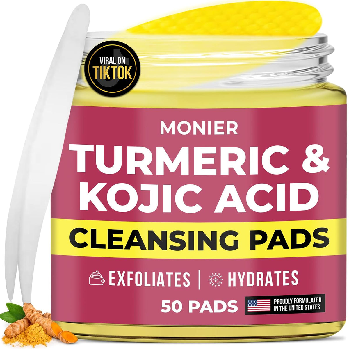 Turmeric Kojic Acid Cleansing Pads for Face Dark Spots - Hydrates & Plumps - With Vitamin C & E, Sensitive Skin Friendly (50 Pads)
