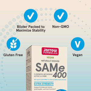 Jarrow Formulas SAMe Supplement 400 mg - 60 Tablets - High Concentration of Active S,S Form - Supports Joint Health, Liver Function, Brain Metabolism, Balanced Mood & Antioxidant Defense - 60 Servings Jarrow FormulasBuy Supplements Australia