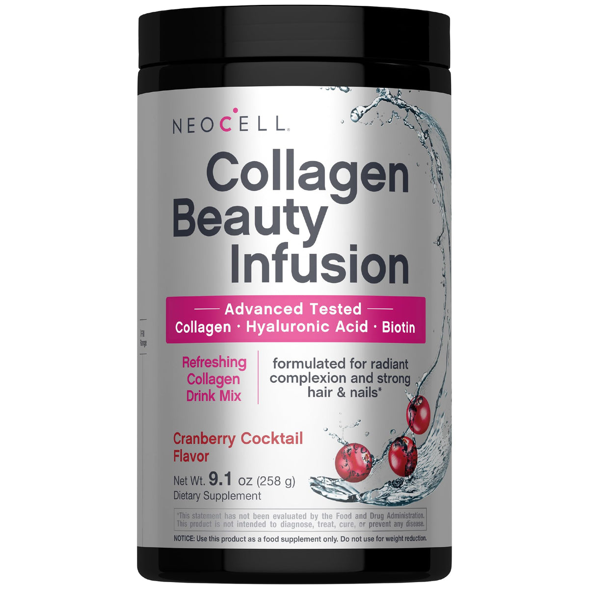 NeoCell Collagen Peptides Powder - 9.1 oz - Grass Fed Bovine - with Biotin and Hyaluronic Acid - Cranberry Cocktail Flavored