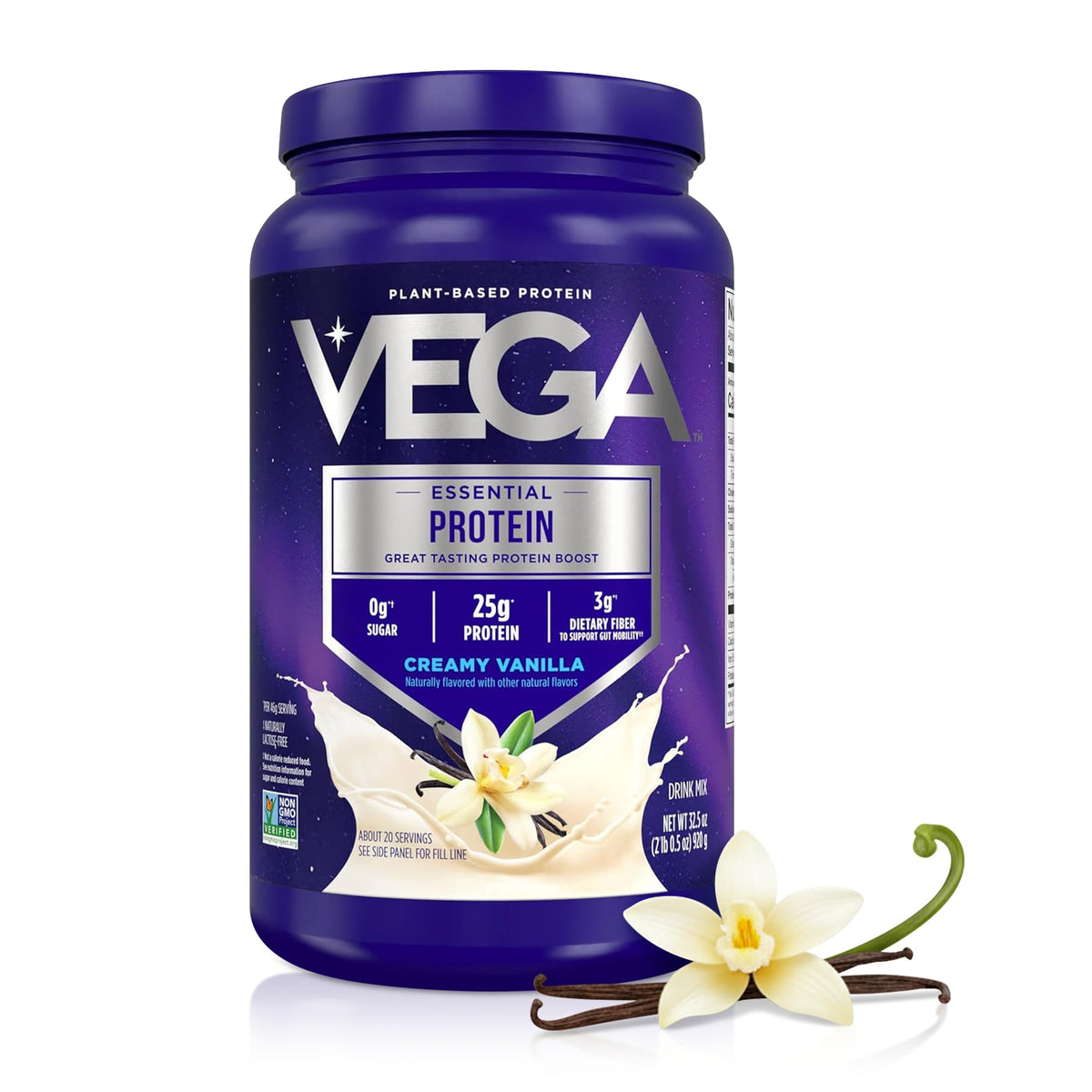 Vega Essential Protein - 25g Plant Based Protein Powder, Creamy Vanilla, Vegan for a Dairy-Free Vanilla Shake - Large Tub, 32.5oz (20 Servings)