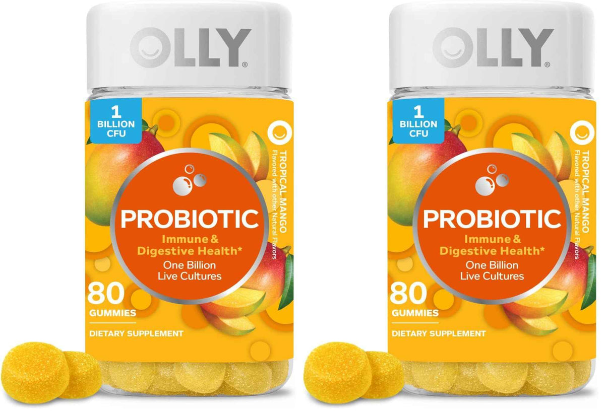 OLLY Probiotic Gummy,1 Billion CFUs,Immune and Digestive Support,Chewable Probiotic Supplement,Mango,80 Count (Pack of 2)