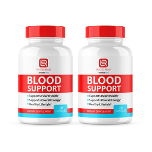 Two bottles of 'Blood Support' dietary supplements with red and white labels on a white background.