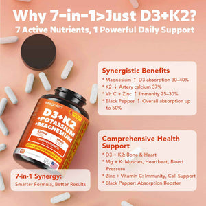 Vitamin D3 K2 (MK-7) 10,000 IU with Magnesium Glycinate & Potassium Supplement - Systemic Complex for Bone, Muscle, Heart, Immune, Energy & Sleep Support – High Absorption, 60 Capsules