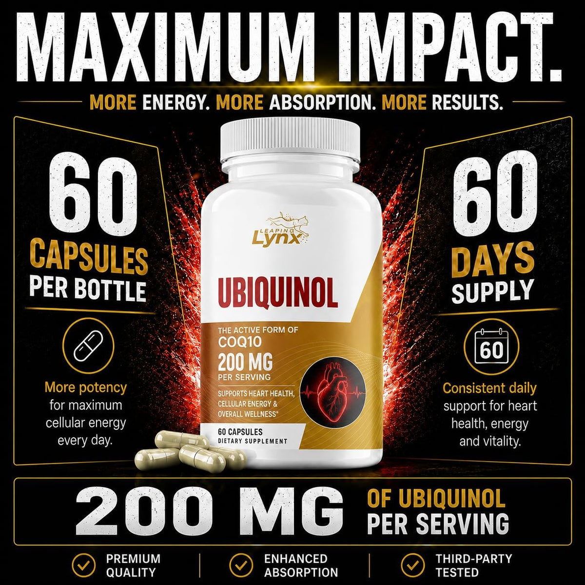 Ubiquinol CoQ10 200mg - High Absorption Active Coenzyme Q10 Supplement for Heart Health, Energy & Cellular Vitality - 60 Capsules, 60-Day Supply - Bioavailable Antioxidant Formula - Non-GMO