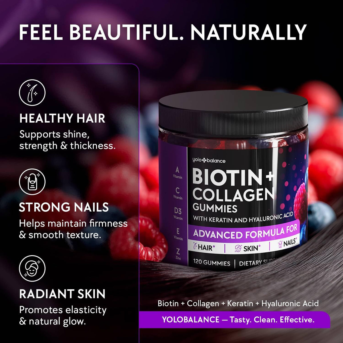 YOLOBALANCE Biotin Gummies 10000mcg for Hair Growth Support - Sugar Free Multi Collagen with Keratin, Silica & Hyaluronic Acid - Pectin Based
