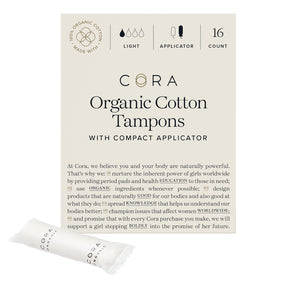 Cora Organic Applicator Tampons | Light Absorbency | 100% Cotton Core, Unscented, BPA-Free Compact