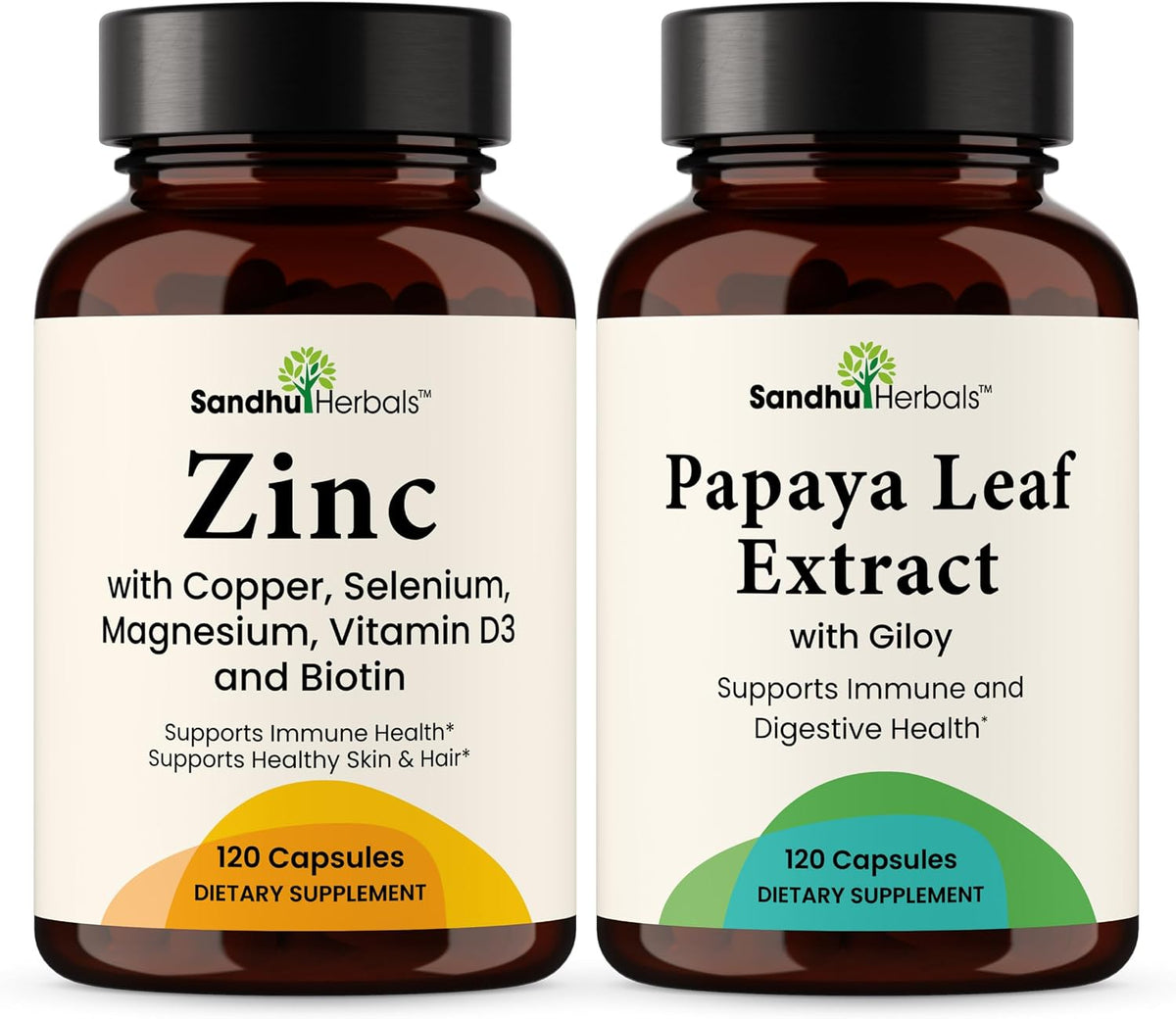 Zinc 30mg with Copper, Selenium & Vitamin D3 Bundle with Papaya Leaf Extract (120 Capsules Each) - Supports Immune Health