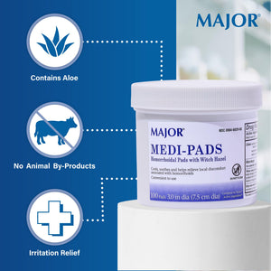 MAJOR Medi-Pads - Hemorrhoidal Hygienic Cleansing Witch Hazel Pads - Cooling Relief with Aloe - 100 Count Jar (2 Pack) MAJORBuy Supplements Australia