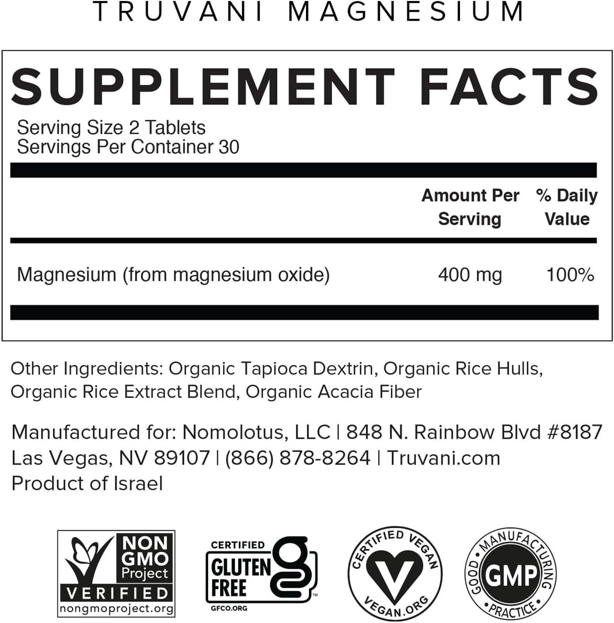 Truvani Magnesium 400mg Oxide Tablets - 60 Tablets - Vegan - Supports Calm and Sleep, Healthy Bones, Muscle Health, Digestive Health - Non-GMO, Vegan Pills
