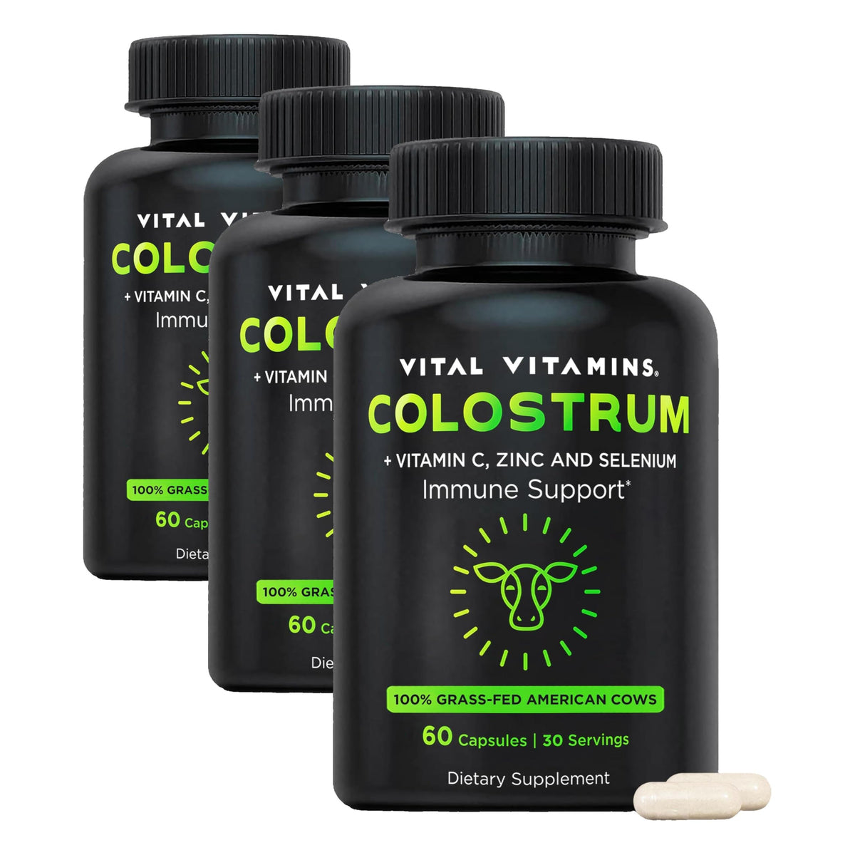Vital Vitamins Colostrum Supplement, 30% IgG, Grass-Fed Bovine, 60 Capsules - Supports Immune Defense & Gut Health, Colostrum with Vitamin C, Zinc, & Selenium, Non-GMO