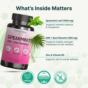VINATURA Spearmint Leaf Capsules Supplement - Enhanced with DIM & Saw Palmetto, for Unwanted Hair, Women' Health & Skin *USA Made & Tested* - 1380mg/serving, 60 Capsules (30 Servings) VINATURABuy Supplements Australia