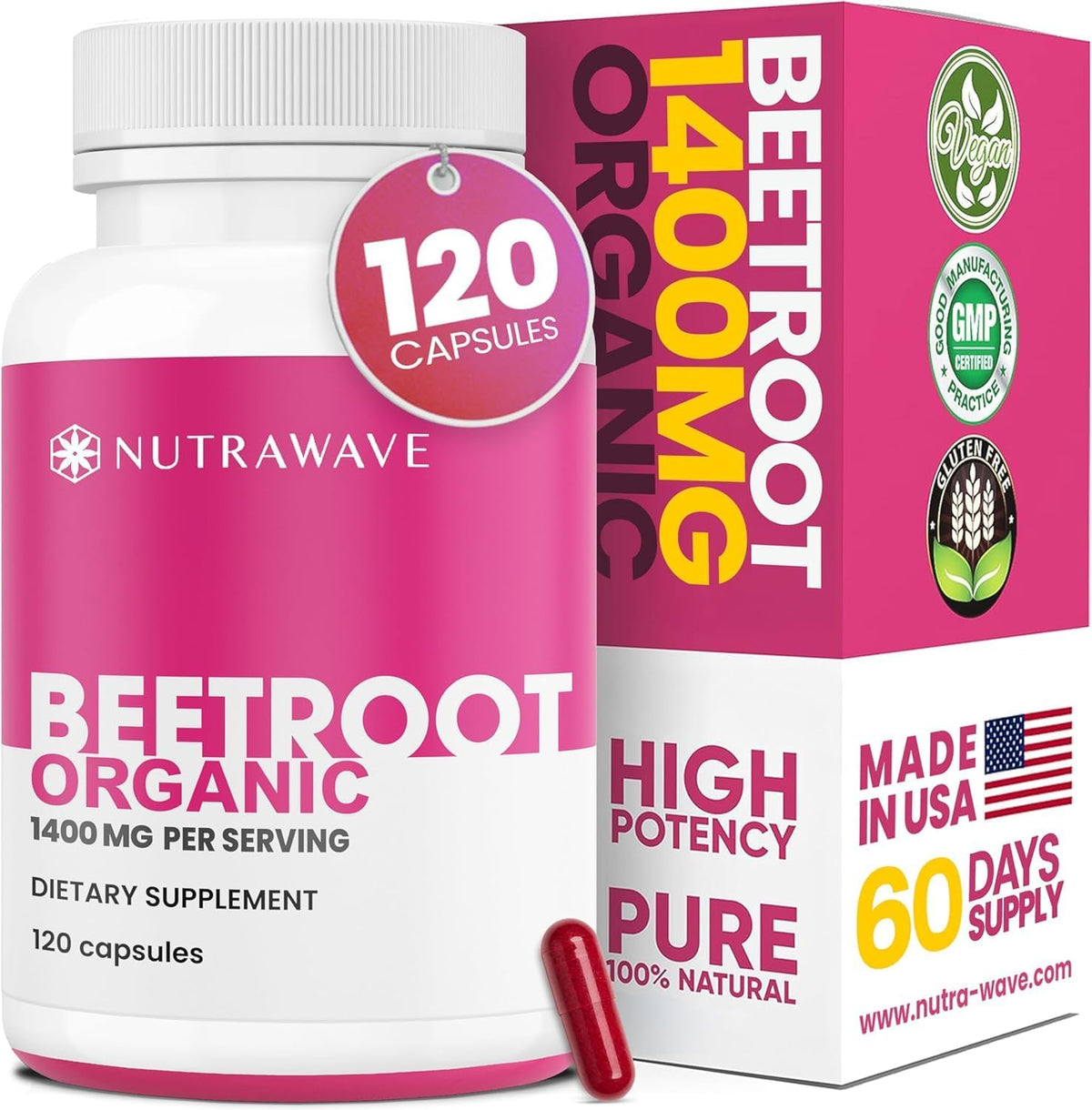 Nutra Wave 1400mg Organic Beet Root Capsules Per Serving - Nitric Oxide Booster for Men - Supports Blood Pressure, Energy, Circulation & Heart Health - Non-GMO, Vegan - 120 Capsules / 60 Day Supply