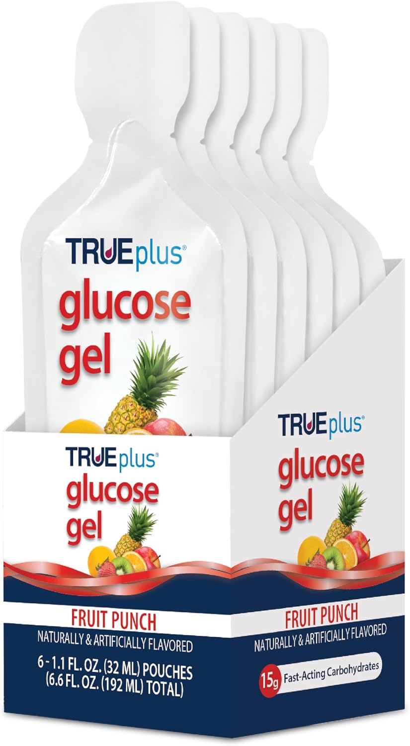 TRUEplus Glucose Gel Pouch, 15g Carbohydrates, Fruit Punch Flavor, 6 Pack - 15g Fast-Acting Carbohydrates Per Serving, Fat Free, Gluten Free, Boosts Energy, Great Tasting and Easy to Use