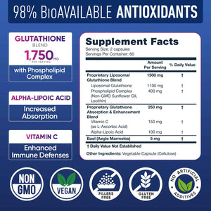 Liposomal Glutathione Supplement 1000MG + 750MG- Glutathione Liposomal with VIT C + Phospholipid Antioxidant Complex - Liver Detox and Immune Support Supplement