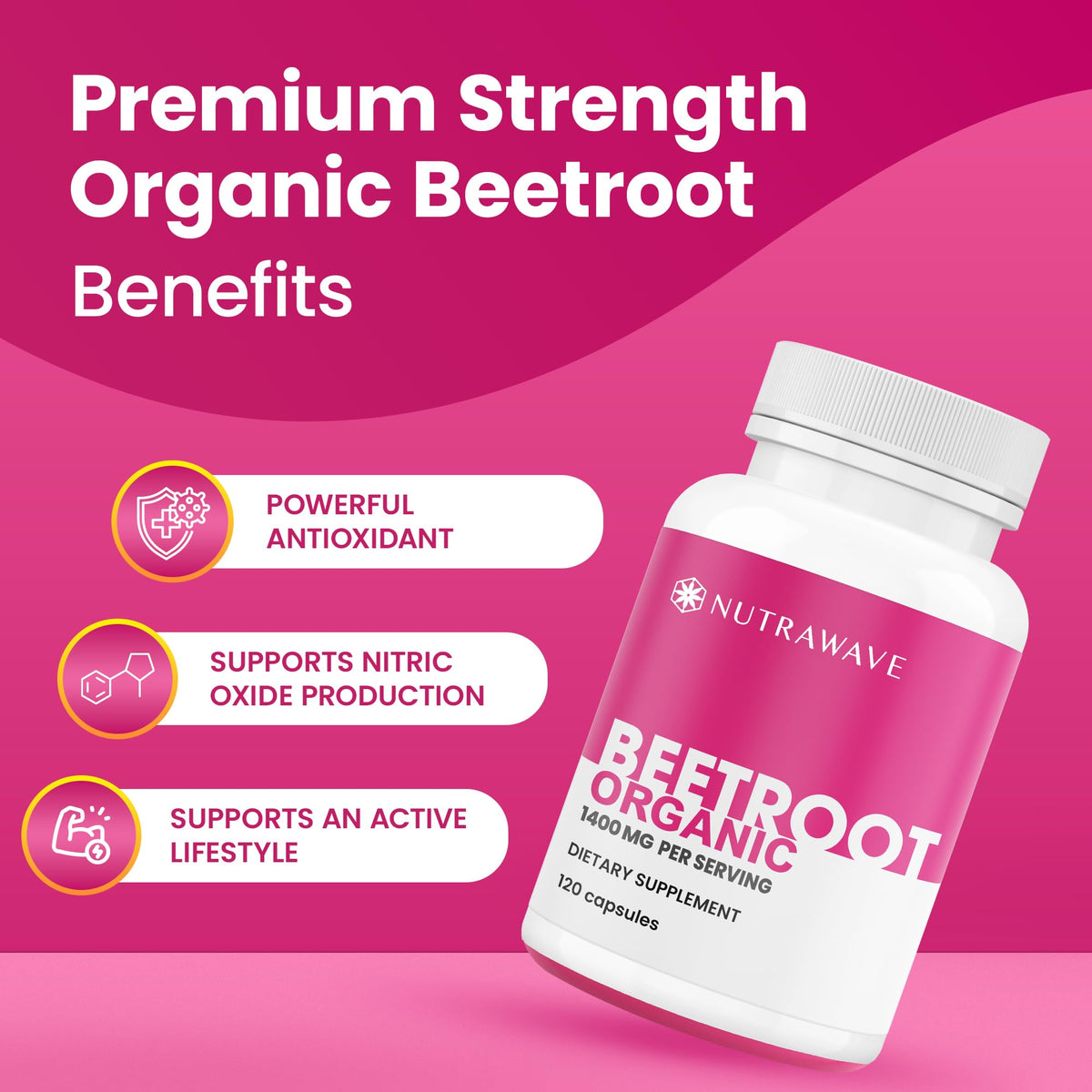 Nutra Wave 1400mg Organic Beet Root Capsules Per Serving - Nitric Oxide Booster for Men - Supports Blood Pressure, Energy, Circulation & Heart Health - Non-GMO, Vegan - 120 Capsules / 60 Day Supply