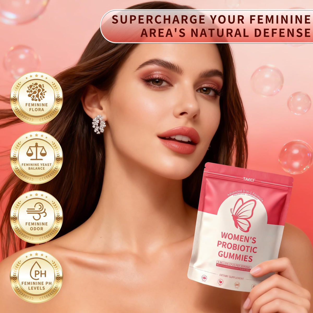 Taeci Vaginal Probiotic Gummies for Women - 5 Billion CFU with Prebiotic & Cranberry Extract - Supports pH Balance, Healthy Odor & Gut Health