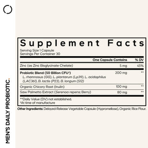 Codeage Men’s Daily Probiotic Supplement - 50 Billion CFU Probiotic Blend with Zinc, Inulin Prebiotic, Saw Palmetto – Men’s Wellness Support – 1 Capsule Per Serving - Non-GMO – 30 Capsules CodeageBuy Supplements Australia