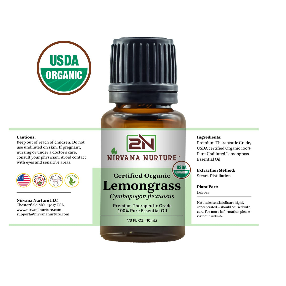 Nirvana Nurture Lemongrass Essential Oil USDA Certified Organic 100% Pure Premium Therapeutic Grade