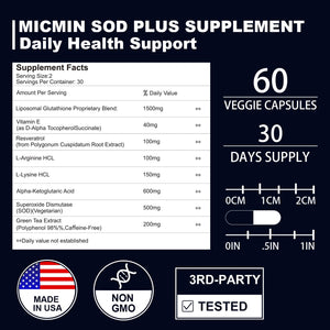 NICMIN 500MG Superoxide Dismutase Supplement - SOD Plus with Liposomal Glutathione, AKG, Green Tea Extract, L-Arginine, Lysine, Resveratrol and Vitamin E for Immune Support, Antioxidant 120 Capsules NICMINBuy Supplements Australia