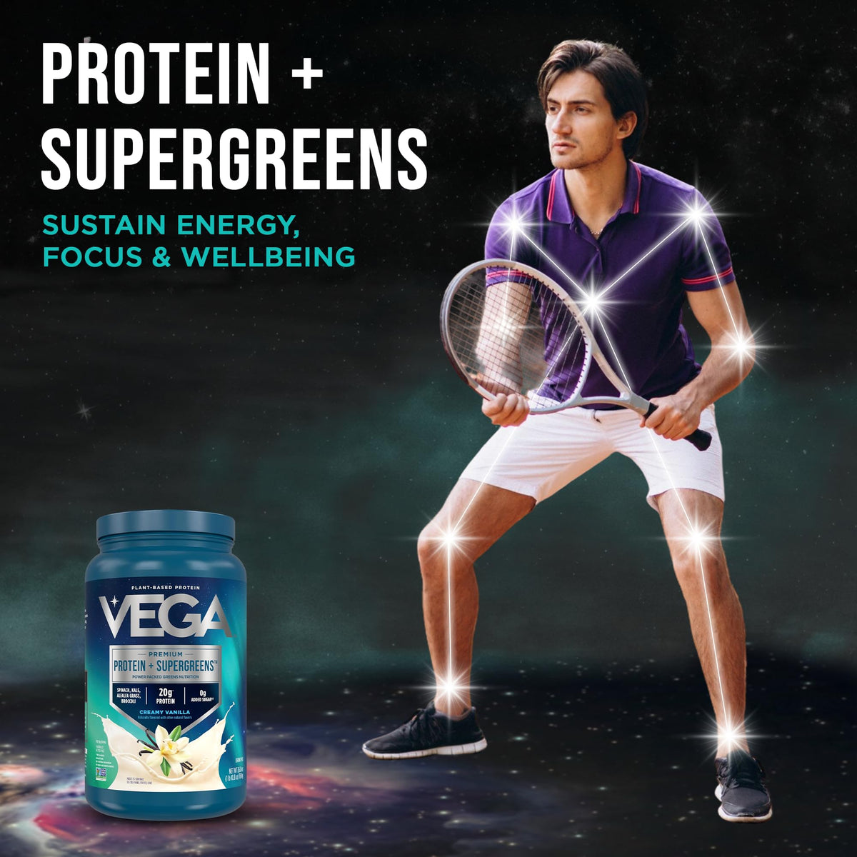 Vega Premium Protein + Supergreens, Creamy Vanilla - 20g Vegan Protein, Dairy & Gluten Free, 26.9 oz (25 Servings)