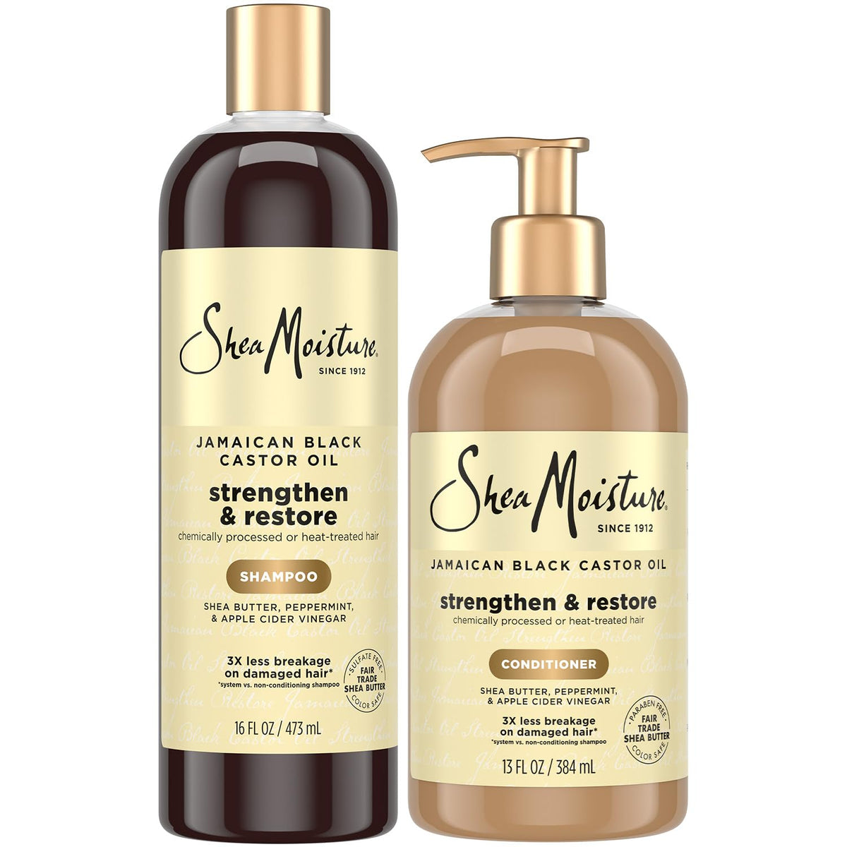 SheaMoisture Shampoo & Conditioner Set, Jamaican Black Castor Oil - Strengthen & Restore Repair Treatment for Dry, Damaged Hair - Wavy, Coily, Kinky & Curly Hair - Shea Butter, Peppermint & ACV